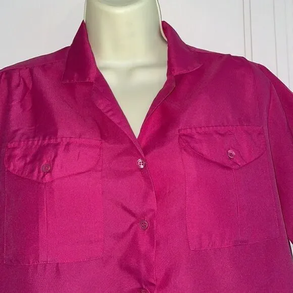Vintage 80s Rikrak fuchsia pink polyester short sleeve button down shirt - Picture 2 of 8
